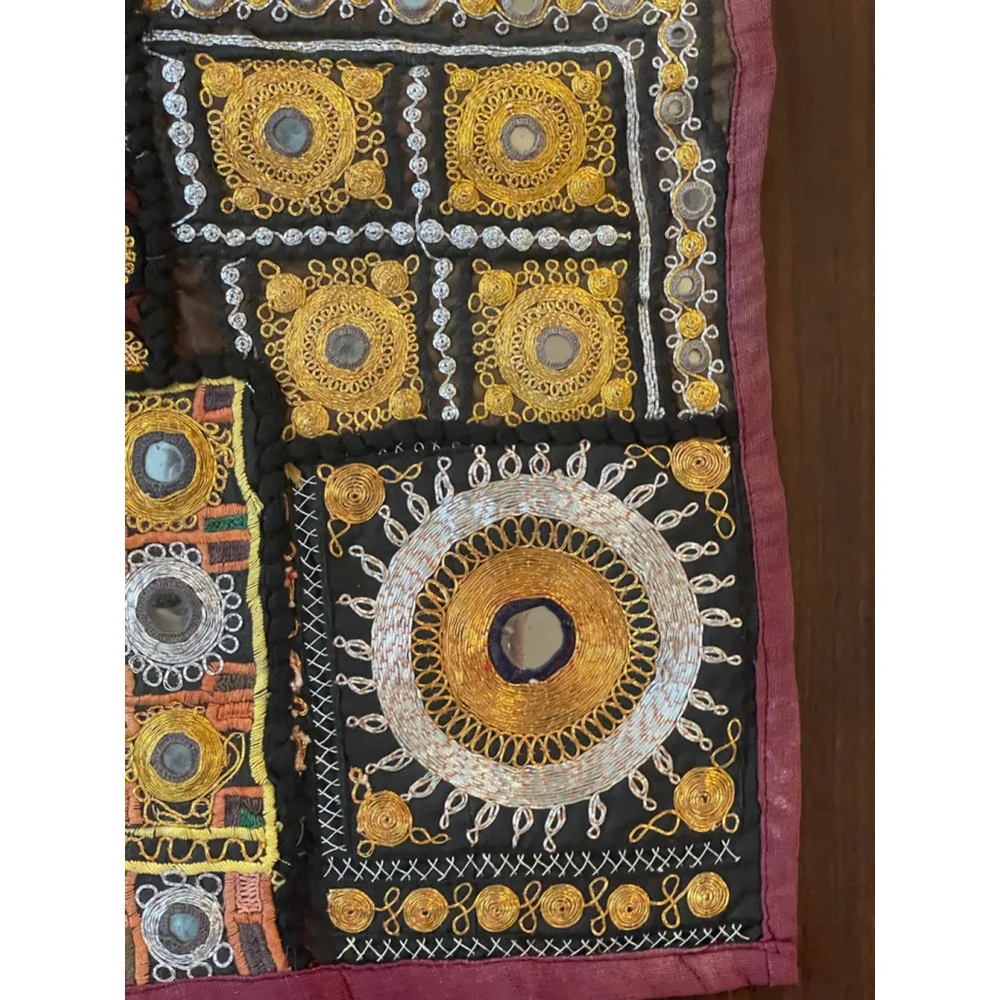 Vintage Indian Embroidered Mirror Work Wall Hanging 46x24 Gujarat Rajasthan